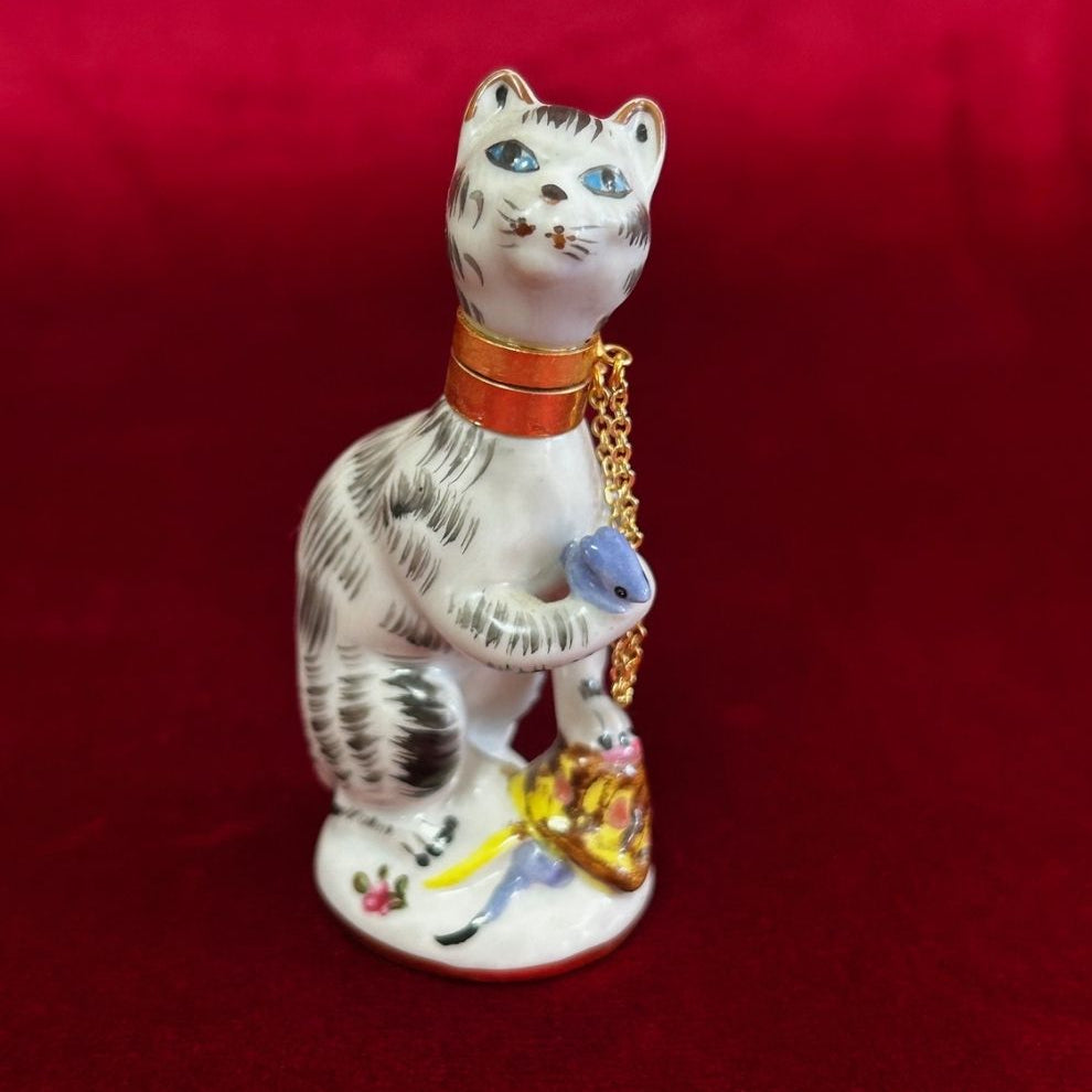 Vintage Cat & Mouse Porcelain Perfume Bottle With Brass Collar & Removable Head