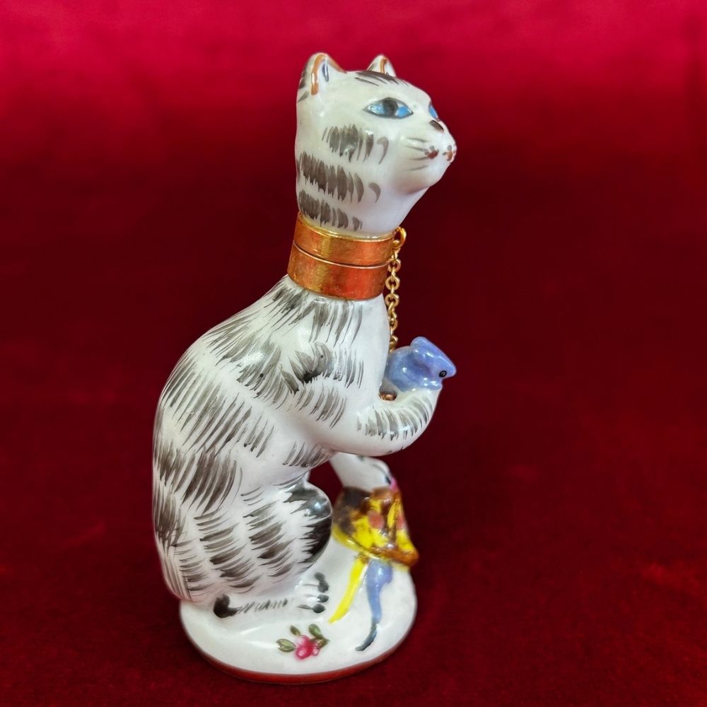 Vintage Cat & Mouse Porcelain Perfume Bottle With Brass Collar & Removable Head