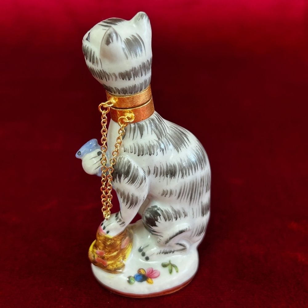 Vintage Cat & Mouse Porcelain Perfume Bottle With Brass Collar & Removable Head