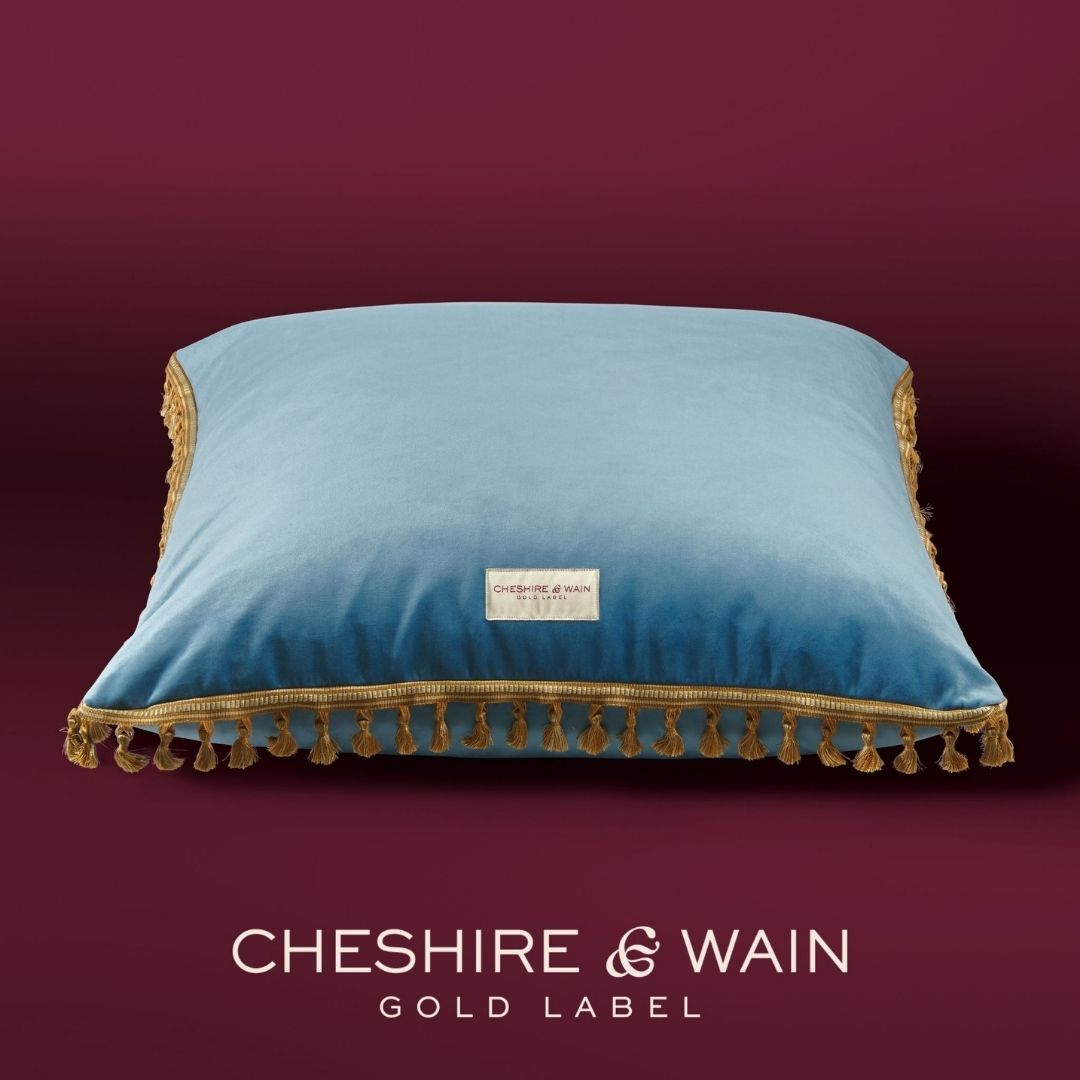Tassel Trim Velvet Cat Cushion - Azure