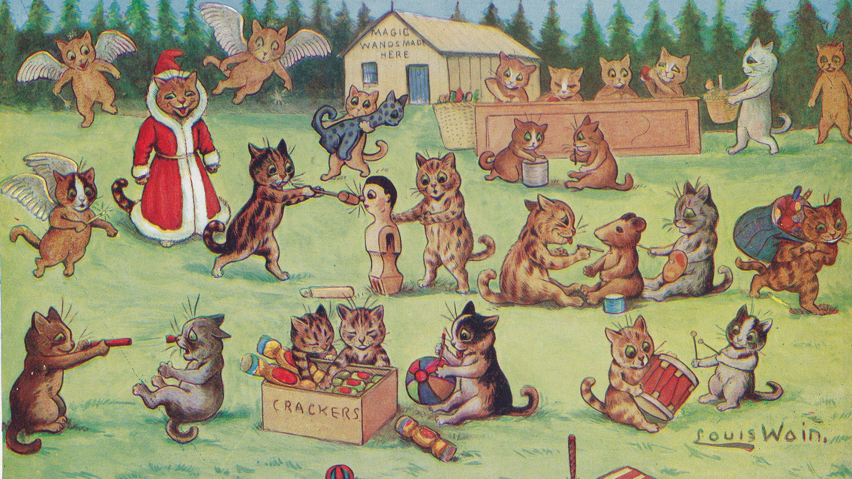 A Louis Wain illustration of cats at christmas