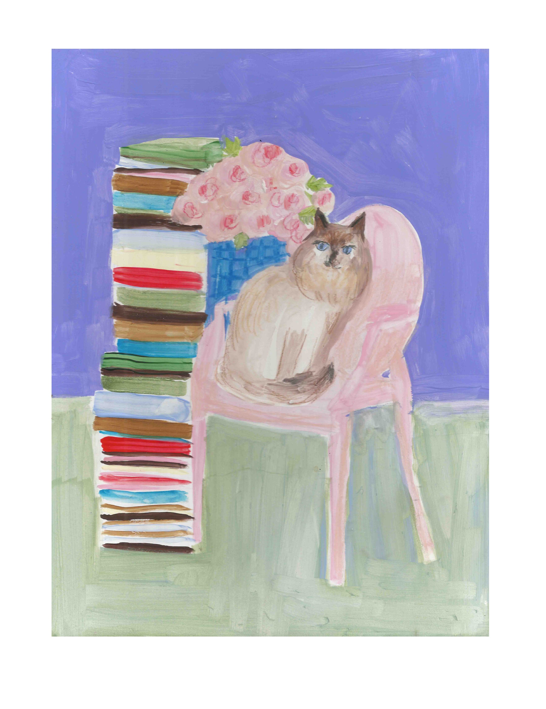 Ragdoll with Peonies & Books on Phillipe Starck Ghost Chair Original Painting by Annabel Pearl