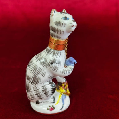 Vintage Cat & Mouse Porcelain Perfume Bottle With Brass Collar & Removable Head