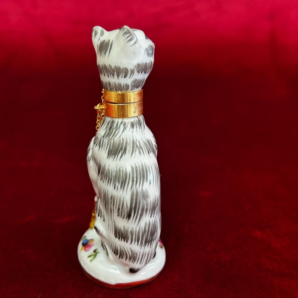 Vintage Cat & Mouse Porcelain Perfume Bottle With Brass Collar & Removable Head
