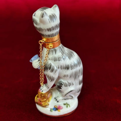 Vintage Cat & Mouse Porcelain Perfume Bottle With Brass Collar & Removable Head