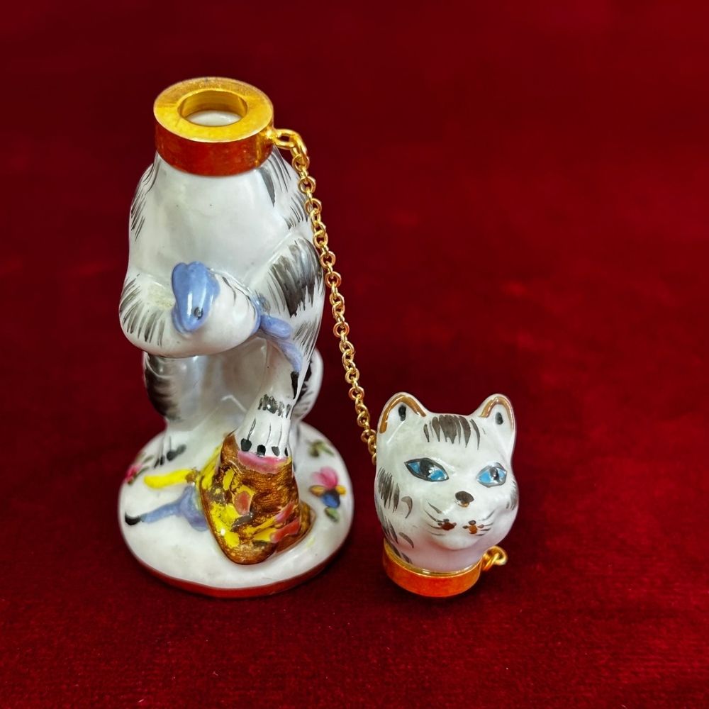 Vintage Cat & Mouse Porcelain Perfume Bottle With Brass Collar & Removable Head