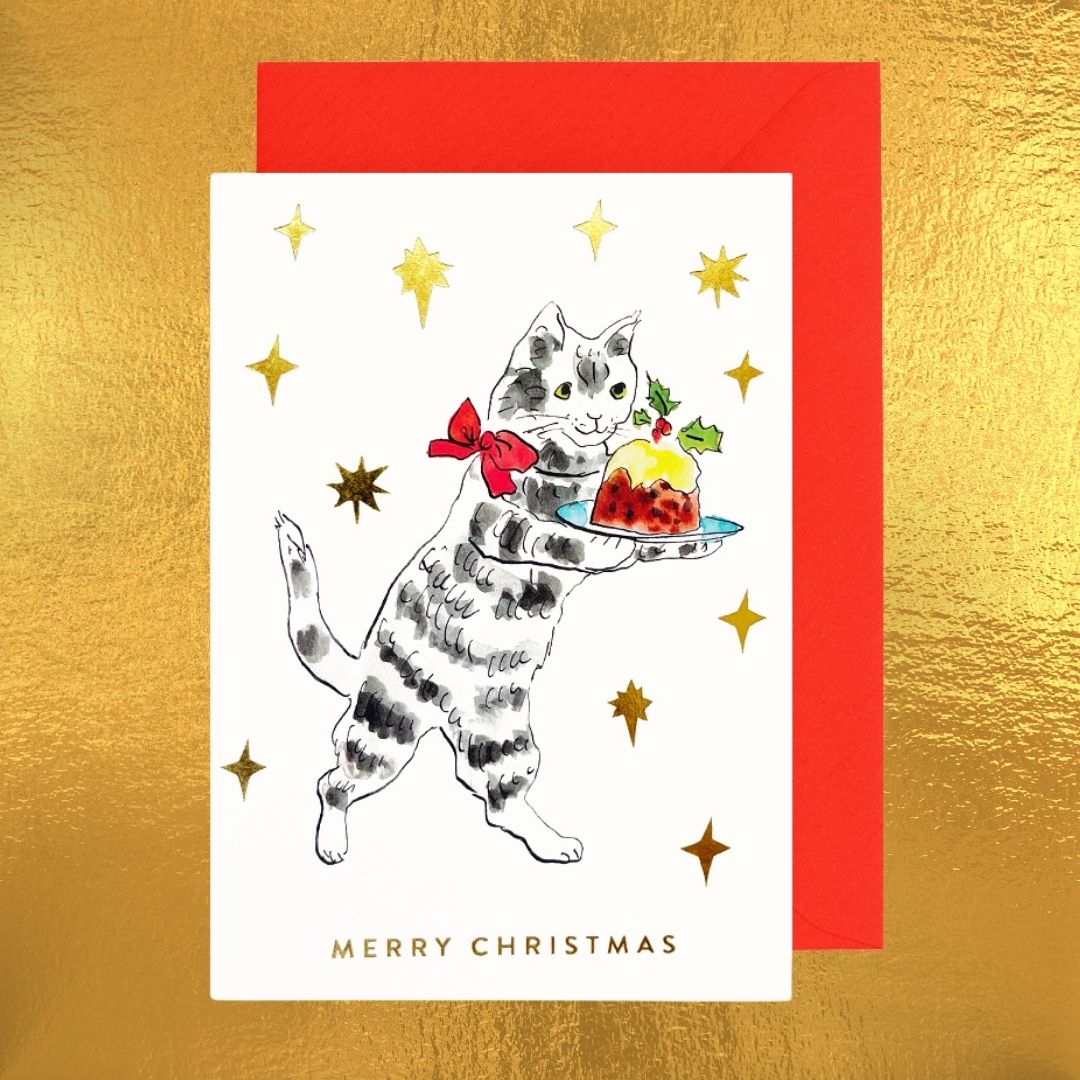 Gold Foil Annabel Pearl Christmas Card - Pudding Cat