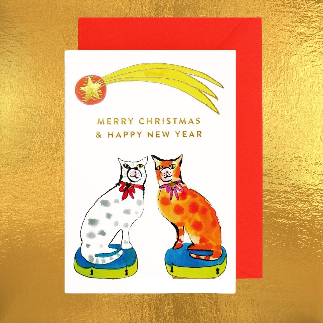 Gold Foil Annabel Pearl Christmas Card - Shooting Star Staffordshire Cats