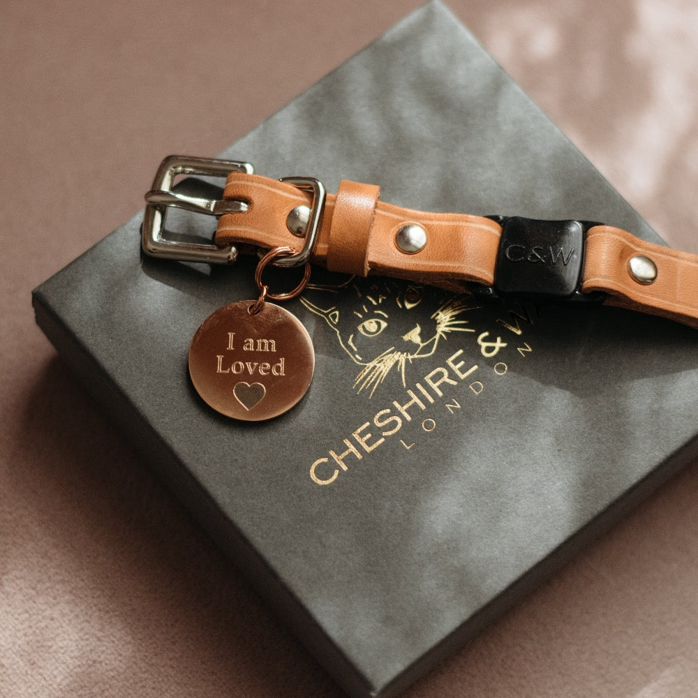 Gold ID Tag engraved with "I Am Loved" on cat collar with gift box