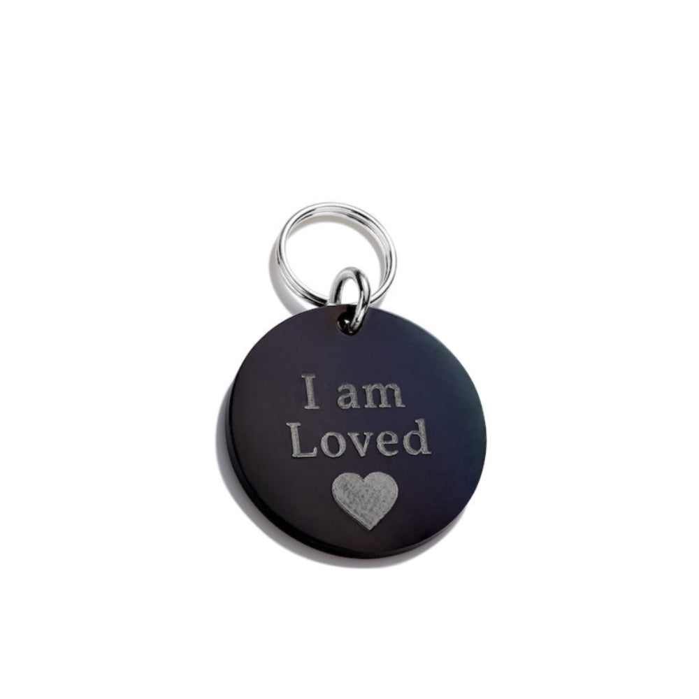 Black Cat ID Tag engraved with "I Am Loved" and love heart
