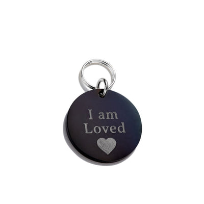Black Cat ID Tag engraved with "I Am Loved" and love heart