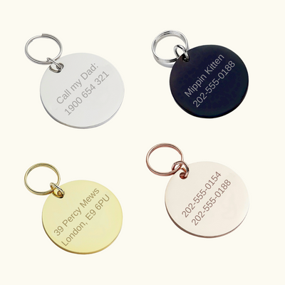 Silver, Rose Gold, Gold and Black Cat ID Tags engraved with addresses, names and phone numbers