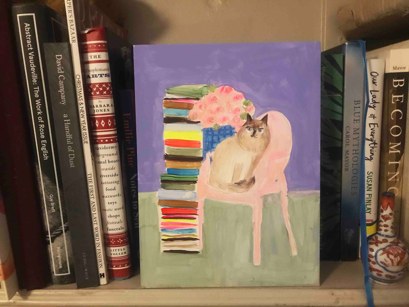 Ragdoll with Peonies & Books on Phillipe Starck Ghost Chair Original Painting by Annabel Pearl