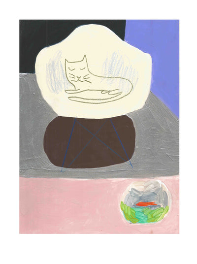 (In honour of Saul Steinberg) Cat on Charles Eames Chair & Goldfish Bowl Original Painting by Annabel Pearl